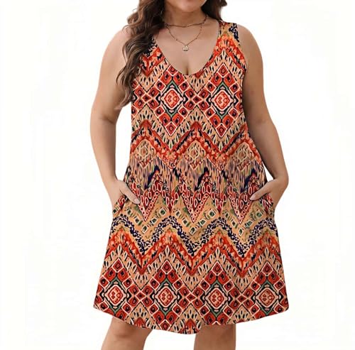 Image of Women Plus Size V Neck Sleeveless Floral Print Pocket T Shirt Dresses Casual Midi Tank Dress Beach Cover up Sundress (XL-5X)