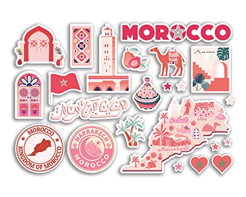 Feuille d'autocollants A5 en vinyle avec monuments du Maroc Rose – Carte marocaine aéroport, horizon, drapeau, voyage, vacances, campagne, ville, esthétique #80398