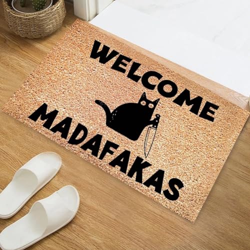 Wanjorlay 1 Stück „Dark Cat Welcome Madafakas“-Fußmatte mit Volldruck, Heimdekoration, Küche, Badezimmer, Dekoration für Menschen, Lustige Geschenke, Lustige Fußmatte
