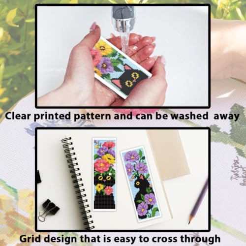 Image of ACRNIGHEET 6PCS Cross Stitch Bookmark Kit for Beginner Stamped Cross Stitch Kits for Adults Cat & Floral DIY Tassel Embroidery Bookmark Kits Needlepoint Kit with Instructions Craft Gift 8.5''x3'' 11CT
