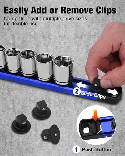 Image of WORKPRO Magnetic Socket Organizer, 3 /8 inch Drive Aluminum Alloy Socket Holder with 10PC Removable Socket Clips for Quick Customization, Socket Rail for Tool Box Drawer (Sockets Not Included)