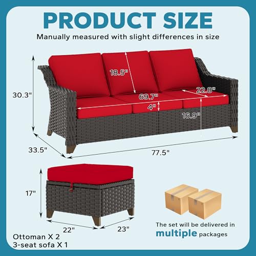 Image of 3 Piece Patio Furniture Set, Wicker Outdoor Conversation Set | Patio Chair Set with Olefin Removable Cushion, All-Weather Outdoor Couch with Deep Seat for Porch, Deck and Backyard, Red
