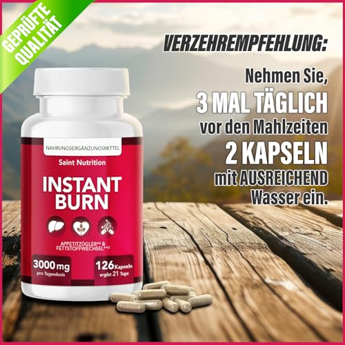 INSTANT BURN® Appetitzügler Kapseln – Abnehmen & Stoffwechsel - EXTREM hochdosiert mit Glucomannan, Cholin, Vitamin B1 und B6 – Für Frauen & Männer, schnell & stark – Nahrungsergänzung, 21 Tage Kur