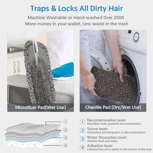 Image of Spray Wet Mops for Floors Cleaning: Hardwood Floor Mops Flat Mop Refillable | Remove Pet Hair, 3 Washable Pads for Swiffer PowerMop, Commercial Dust Mop, for Pet Owner Laminate Tile Vinyl Multi-surface