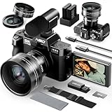 5K Digital Cameras for Photography,48MP Camara Fotograficas,Travel Vlogging Cameras for YouTube with 16X Digital Zoom,180°Flip Screen,52mm Macro Lens,2 Batteries,32GB SD Card（Black）