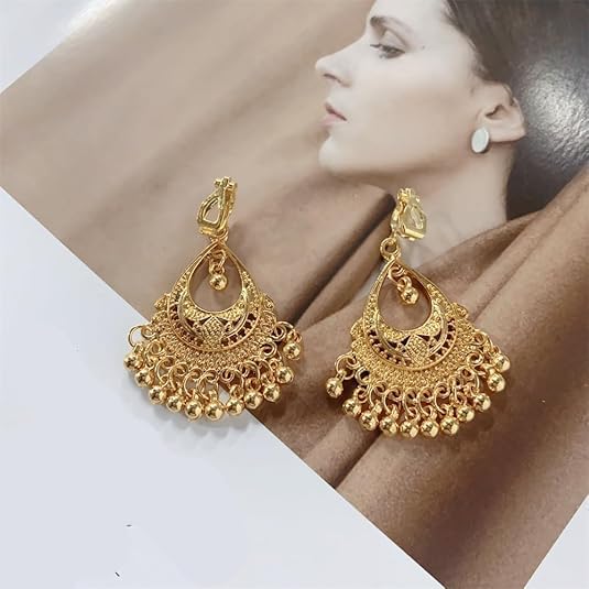 Vintage Indian Jhumka Jhumki Statement Clip On Earring Boho Ethnic for Women Bollywood Traditional Gypsy Bohemian Gold-tone Small Balls Tassel Dangle Drop Festival Holiday Party Non Pierced Ears Jewelry2