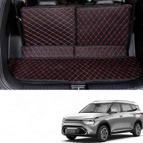 Image of Premium 7D Boot /Trunk Mats Compatible for X-Trail 7 Seater 2026||Luxury Leather Double Layered mats||Complete Set ||100% Waterproof and Washable (Black with Red)