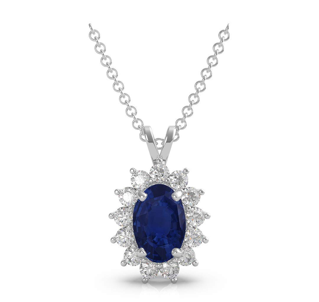 925 Sterling Silver 5/8 Cttw Oval Sapphire Diamond Halo Pendant Necklace for Women with 16" Chain | September Birthstone | Holiday Collection
