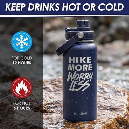 Image of SANDJEST Hiking Insulated Stainless Steel Water Bottle 32oz, Hike More Worry Less, Vacuum Chug Lid Travel Tumbler for Men Friends Dad Brothers Hikers, Gift for Birthday Christmas Fathers Day