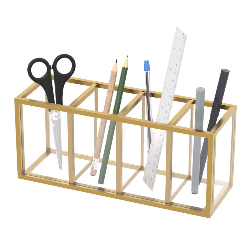 NIUBEE Portalápices acrílico con 4 compartimentos, con borde de cobre dorado, organizador de lápices para encimera, escritorio, almacenamiento de accesorios