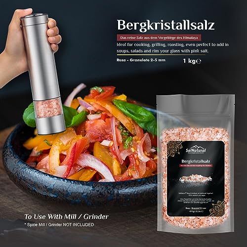Foto von SalNatural© Rosa Granulat kristallsalz für Salzmühlen, grobes Natur-Steinsalz (bekannt als Himalaya Salz) aus Salt Range-Pakistan. 100% Naturbelassen. Wiederverschließbarer Beutel