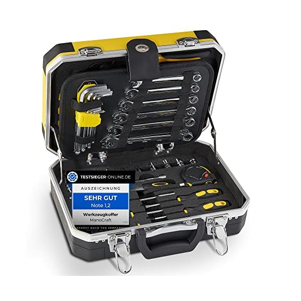 ManoCraft Werkzeugkoffer gefüllt, Premium All-in-One handlicher und rutschfester Werkzeugkasten 100-teilig [für Heimwerker KFZ oder als Geschenk]