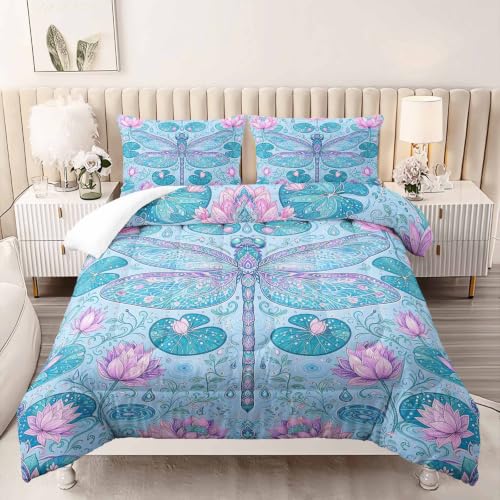 Image of AILONEN Full Comforter Set 3 Piece, Aqua Dragonfly Lotus 3D Printed Bedding with 2 Pillowcases, Soft Breathable Microfiber Serene Decor for Guest Room