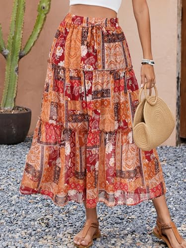 Gardenwed Womens Midi Casual Skirt High Waisted Pleated Flowy A Line Elastic Swing Skirts with Side Slit3