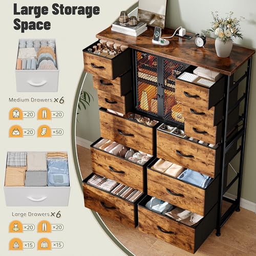 EnHomee Tall Dresser with 12 Drawers, Power Outlets, and LED Lights - Rustic Brown