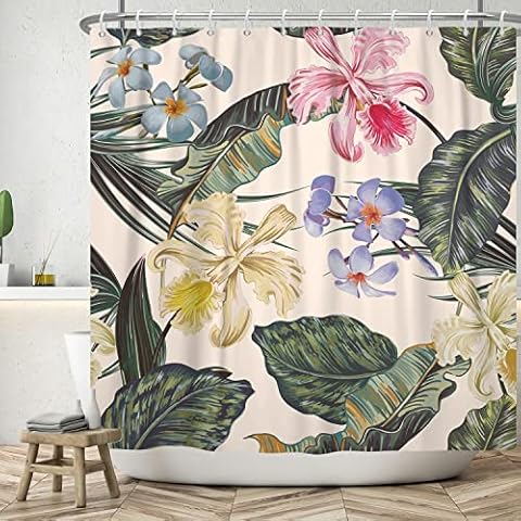 Bovlleetd 71x71inch Botanical Shower Curtain Colorful Lily Flower Shower Curtains Tropical Plant Banana Leaf Palm Leaf Bathroom Curtain Watercolor Flowers Bathtub Decoration Cover