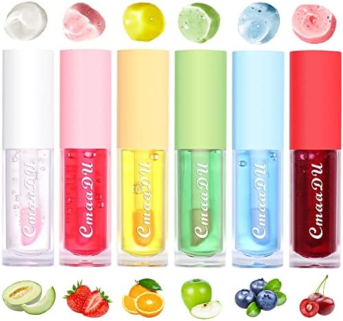 6Pcs Hydrating Lip Oil Set,Fruity Color Changing Lip Glaze Plumping Lip Glow Oil Transparent Moisturizing Tinted Lip Balm Long Lasting Nourishing Repairing for Dry Lip