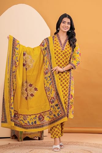 Image of MEERA FAB Women's Cotton Blend Straight Printed Kurta with Palazzo & Dupatta