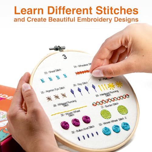 Azenera Beginner Embroidery Kit (4 Pack) Learn 33 Stitches with Easy DIY Video Tutorials, Coloured Design Patterns, Thread Floss, Cross Stitch Hoop, Gift (AZD200)