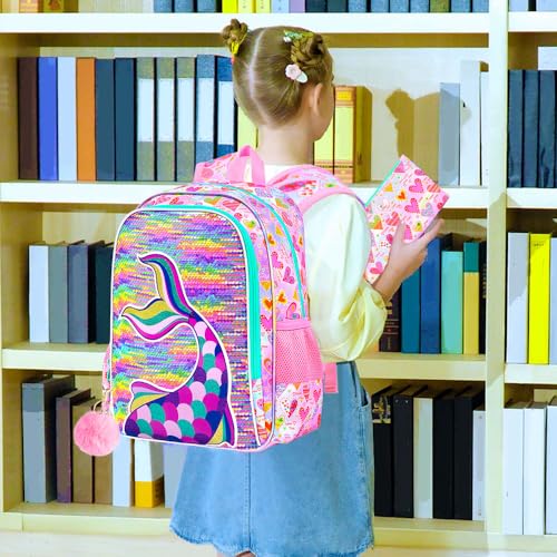 Image of CCJPX 3Pcs Mermaid Backpack for Girls, 16 inch Kids Sequin Bookbag with Lunch Box, Water Resistant Elementary School Bag for Kindergarten Preschool Toddler (Rainbow)