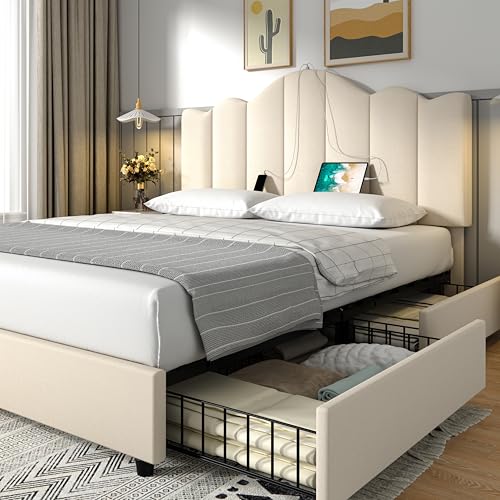 VECELO Queen Size Platform Bed Frame with Type-C & USB Charging Stations/4 Storage Drawers, Upholstered Adjustable Headboard, Strong Wooden Slats Support, No Box Spring Needed, Easy Assembly
