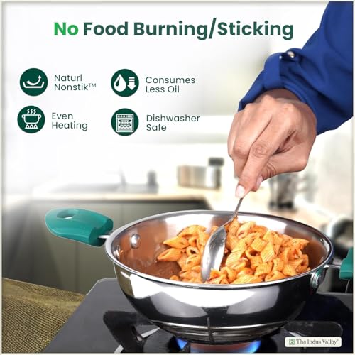 Image of The Indus Valley Triply Stainless Steel Wok Kadai /Kadhai with Steel Lid | Induction Friendly | Nonstick 3-Layer Body, 100% Toxin-Free, No Chemical Coating (Large - 26cm - 3.8Ltr)
