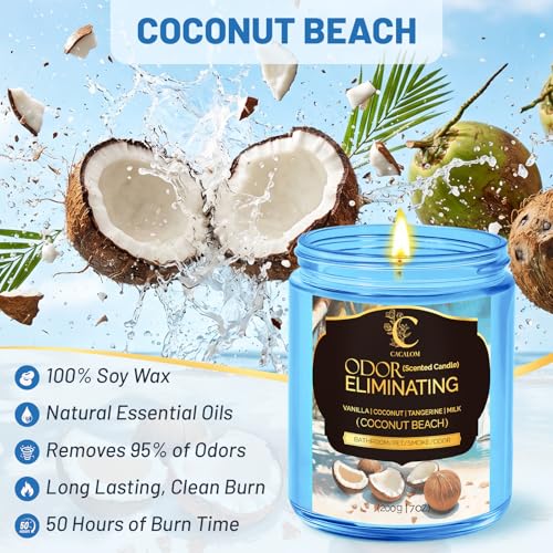 Image of Odor Eliminating Candle, Home Scented Candles, Coconut Beach, 7oz | Soy Wax Candles, 50Hr Burn , Eliminates 95% Of Pet, Food & Other Smells, Air Freshening Scent Candle Gifts For Women Men