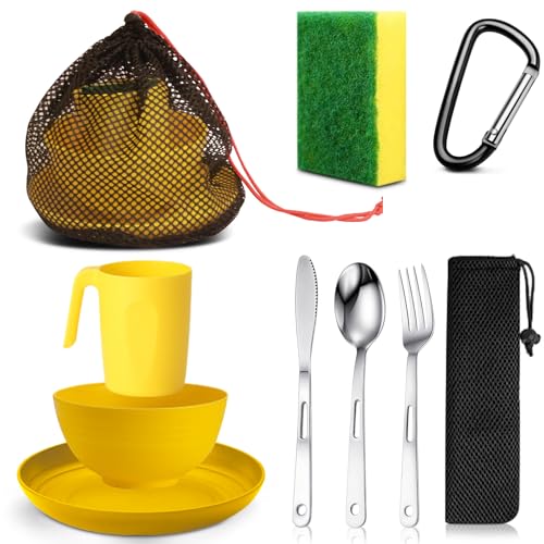 Scout Camping Mess Kit for 1 Person Boy Scout Dishes Set Girl Scout Mess Kit with Mesh Bag Reusable Light Weight Eating Utensils Plastic BPA Free Camping Cutlery Set for Travel Camp (Yellow)