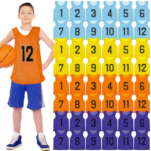 48 Pcs Team Sports Pinnies Youth Scrimmage Vest Soccer Training Bibs Reversible Numbered Football Practice Jerseys for Youth Kids