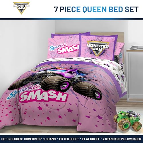 Image of Monster Jam Queen Comforter Set 7 Piece Kids Bedding for Girls, Pink | Sparkle Smash, Bed in a Bag, Comforter Sheets Shams Pillowcases, Soft Microfiber, Machine Washable, Girls Gift