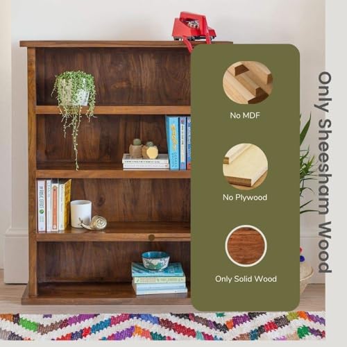 Image of ANGEL FURNITURE Solid Sheesham Wood Storage Bookshelf Medium Size, Honey Finish, 80x23x100CM