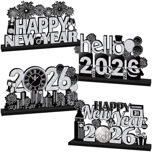 4Pcs New Years Decorations 2026 Table Wooden Centerpiece Black an...