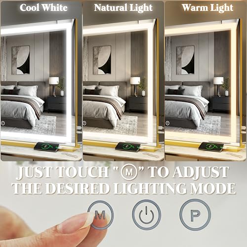 Image of FENNIO Large Vanity Mirror with Lights,40 inch x 28 inchMakeup Mirror with Lights,Hollywood Mirror with 3 Color Modes & Adjustable Brightness,Vanity Mirror Square Gold