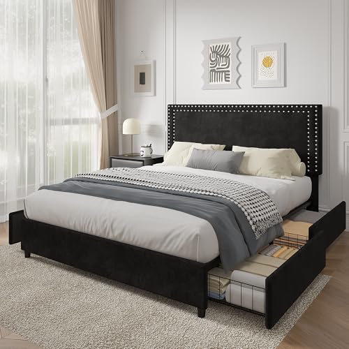 Image of VECELO King Size Upholstered Bed Frame with 4 Storage Drawers, Adjustable Velvet Rivet Decor Headboard, Wooden Slats Platform Support, No Box Spring Needed, Easy Assembly,Black