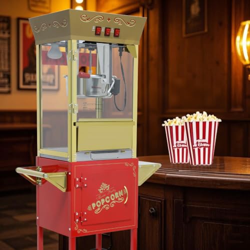 Image of 12oz Vintage Popcorn Machine Cart with Wheels - Movie Theater Style Maker w / 850W Stainless Steel Kettle, 3 - Switch Control, Mobile Cart for Home, Party /Commercial Use