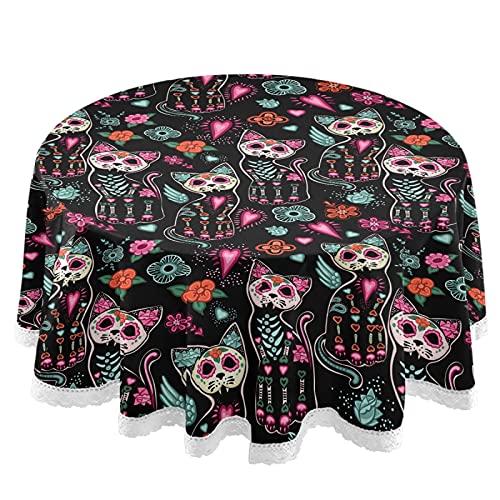 Dallonan Table Decoration For Party Traditional Cat Skeleton And Flowers Round Table Cloth, Halloween Cinco De Mayo Polyester White Lace Tablecloth Round Table 60 Inch For Dinner Table Decor #TOP4