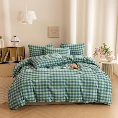 Image of ECOCOTT Grid Plaid Duvet Cover Queen Size -100% Washed Cotton Linen Like Textured Breathable Durable Soft Comfy Bedding Set Mini Green Blue Plaid Comforter Cover