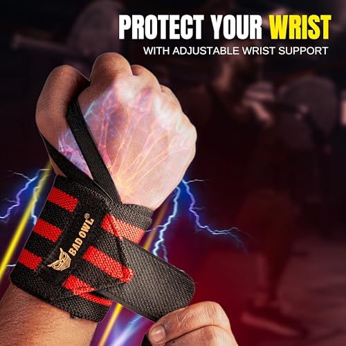 Image of BADOWL Wrist Support for Gym & Fitness - Heavy-Duty Adjustable Straps with Reinforced Thumb Loops, Breathable Wrist Wraps for Men & Women, Weightlifting & Strength Training Gear (RED)