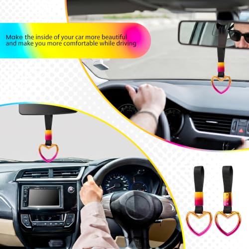 Image of 2PCS Heart Shaped Car Handle Straps, Rear Bumper Warning Keychain Ring for Car Exterior Accessories (Chrome Rainbow Heart - Black)