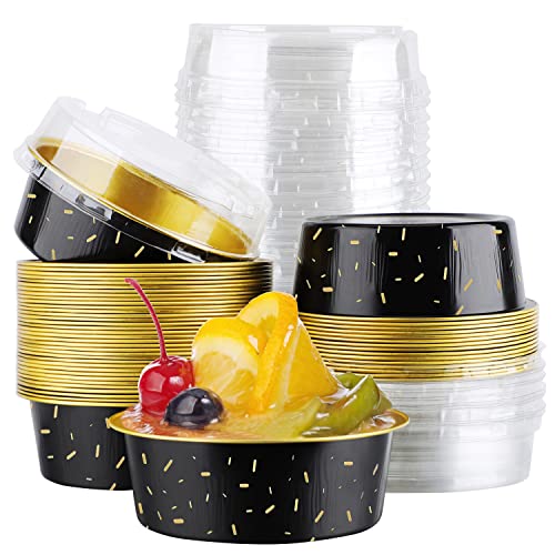 EUSOAR Disposable Ramekins with Lids, 5oz 50pcs Aluminum Foil Baking Cups Tins, 150ml Cupcake Liners for Pie Quiche Soufflé Creme Brulee, Cake Pan Custard Pan for Gathering Dinner Wedding Banquets