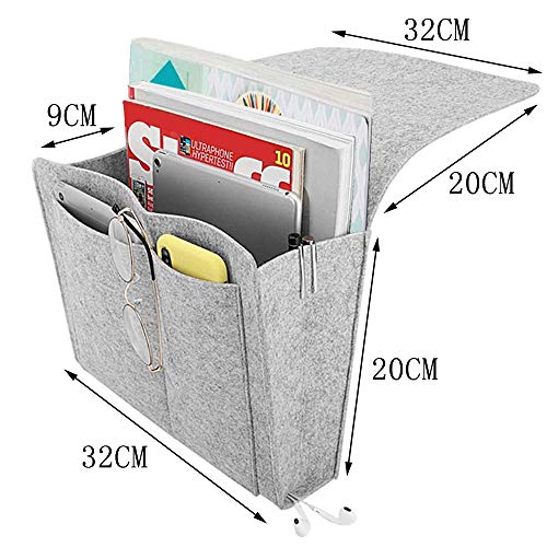 Amokee Betttasche, Sofa Organizer Anti-Rutsch Aufbewahrungstasche Dicke Filz Nachttisch Tasche Sofa Hängeaufbewahrung Bett Organizer für Handy, iPad, Brille, Buch, Fernbedienung (Hellgrau) - Image 6