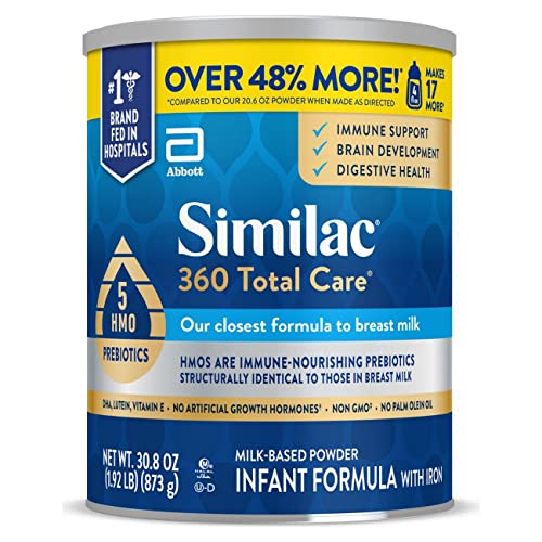 Similac 360 Total Care Infant Formula, with 5 HMO Prebiotics, Our Closest Formula to Breast Milk, Non-GMO, Baby Formula Powder, 30.8-oz Can (Case of 6)