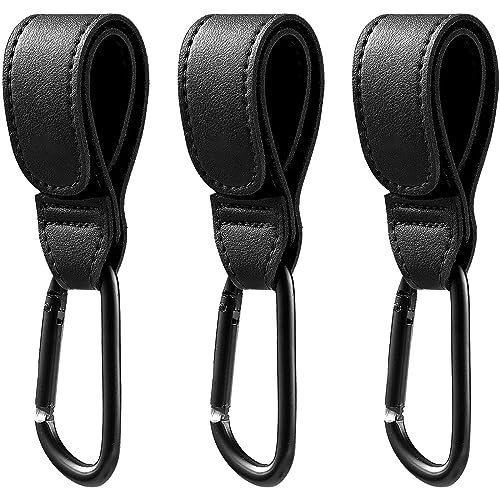 Image of Stroller Hooks for Hanging Bags and Shopping - Premium Leather Universal Stroller Clips for Diaper Bags Grocery Shopping Bags, Baby Stroller Straps Hook 3 Pack (Black)