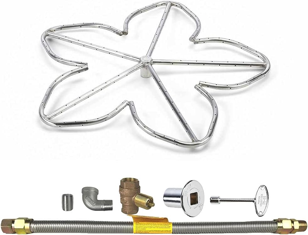 SpotixHPC Penta Match Lit Fire Pit Burner Kit (FPS-PENTA30KIT-NG-MSCB) with 30-Inch Stainless Steel Burner, Natural Gas, Polished Chrome, with Flange, Key, Valve, Flex Line and Fittings