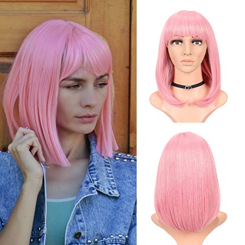 M-BOX Straight Short Bob Wig Women’s Pink Bob Wig With Bangs Heat Resistant Fiber Hair Synthetic Wig None Lace Cosplay Wigs Natural Looking 14inch