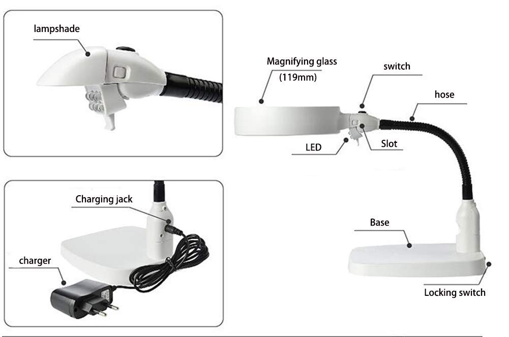 szkło powiększające, 10-krotna lampa powiększająca LED Biurko 6 Lupa LED z jasnymi światłami LED w świetle dziennym i elastyczną gęsią szyją do czytania, pracy, hobby, lutowania i rzemiosła, biała To