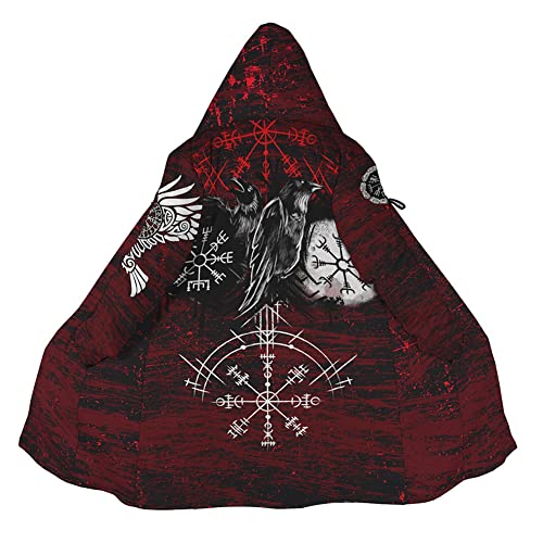 Winter Thick Warm Cloak Mens Viking Odin Raven Tattoo 3D Print Fleece Hooded Casual Cloak Coat(US Size)