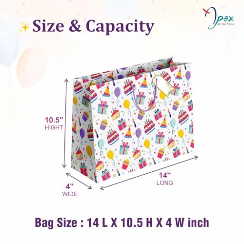 Image of Birthday Gift Bags Large - Paper Bags for Return Gifts - Pack of 5 | Large Carry Bags for Gifts | Return Gift Bags for Kids Birthday Party | Paper Bags for Gifting | 14 x 10.5 x 4 Inch | Bag with Tissue, Tag & Banner