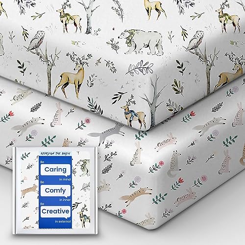 Image of Boy Crib Sheets, TotBasic Premium Soft Crib Mattress Sheet Fitted, Ultra Breathable Crib Fitted Sheet, Super Stretchy Baby Bed Sheets 28''x52''x9'' Extra Deep Pocket (Woodland Deer & Rabbit Fox)