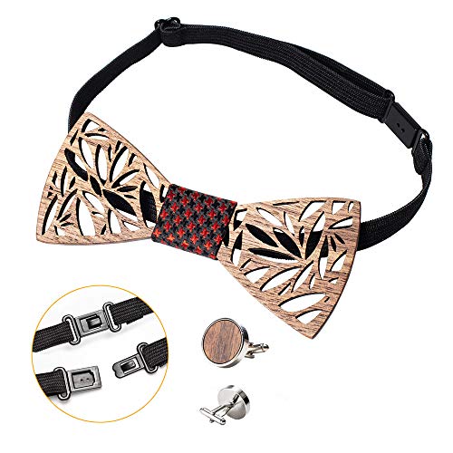 Classic Handmade Mens Wood Bow Tie with Matching Pocket Square and Men's Cufflinks Set - Thumbnail 7